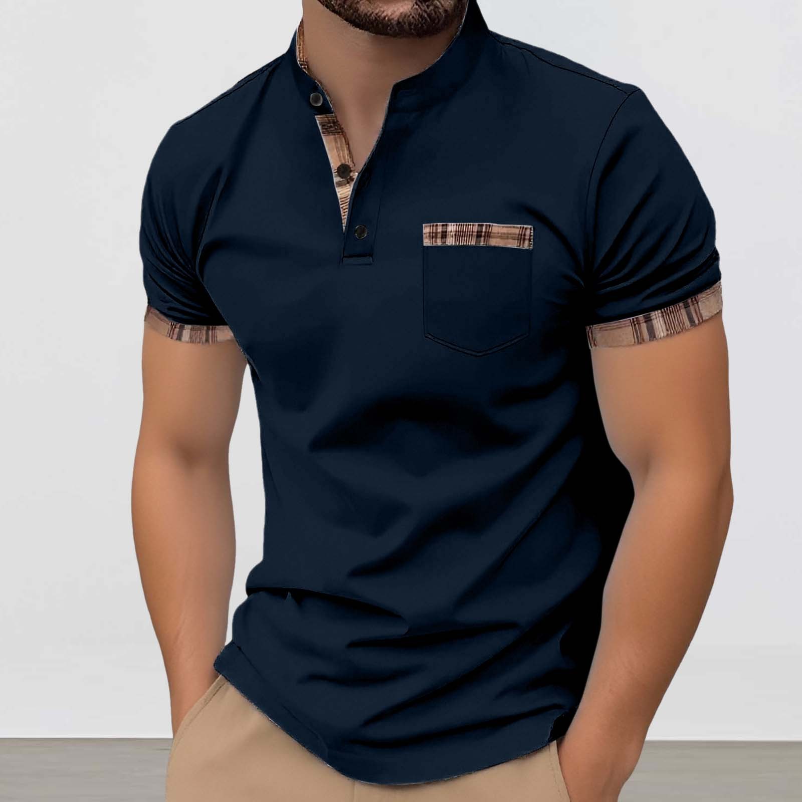 thumbnail image 2 of Camiseta de manga corta con cuello alto y bolsillo en el pecho para hombre, primavera/verano, poliéster, prenda informal, 2 of 5